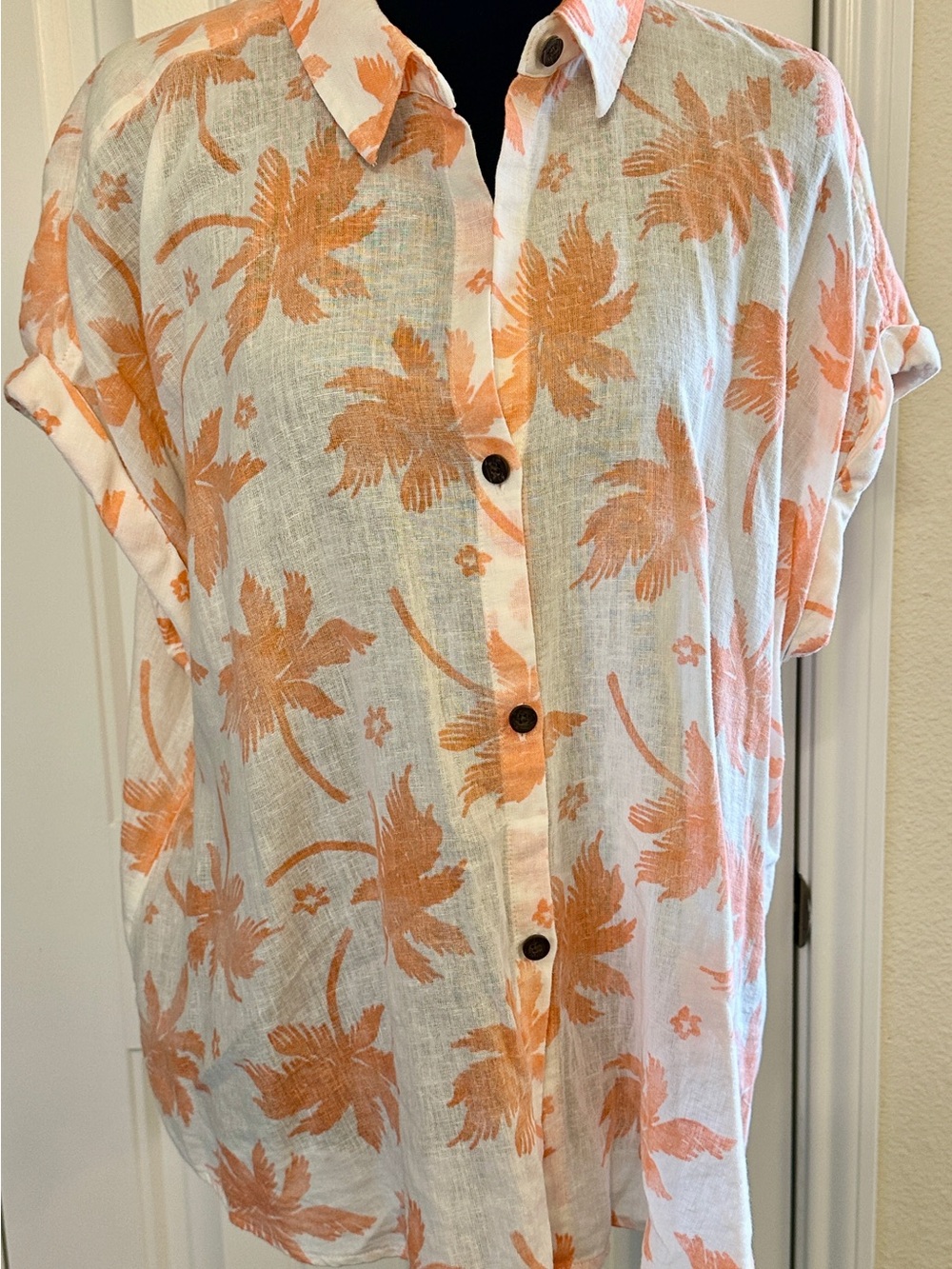 Sonoma White Button-Down Shirt with Peach Floral Pattern